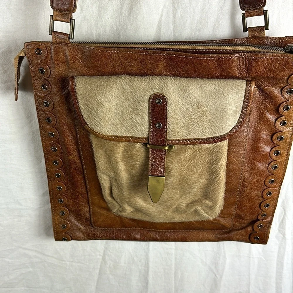 Vintage PRINCIPE Brown Leather COWHIDE PONY HAIR Satchel Crossbody Made in Italy